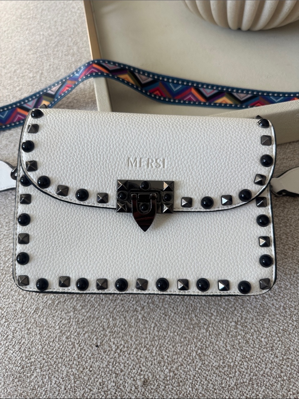 White Leather Stud-Trim Crossbody Bag - Picture 1 of 4